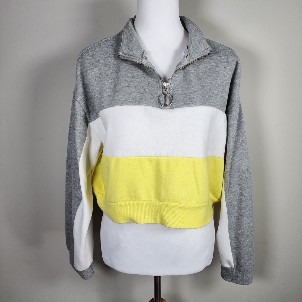 SWS‎ Crop Sweatshirt Womens Large Pullover Gray Yellow Stripe Oversize Cropped